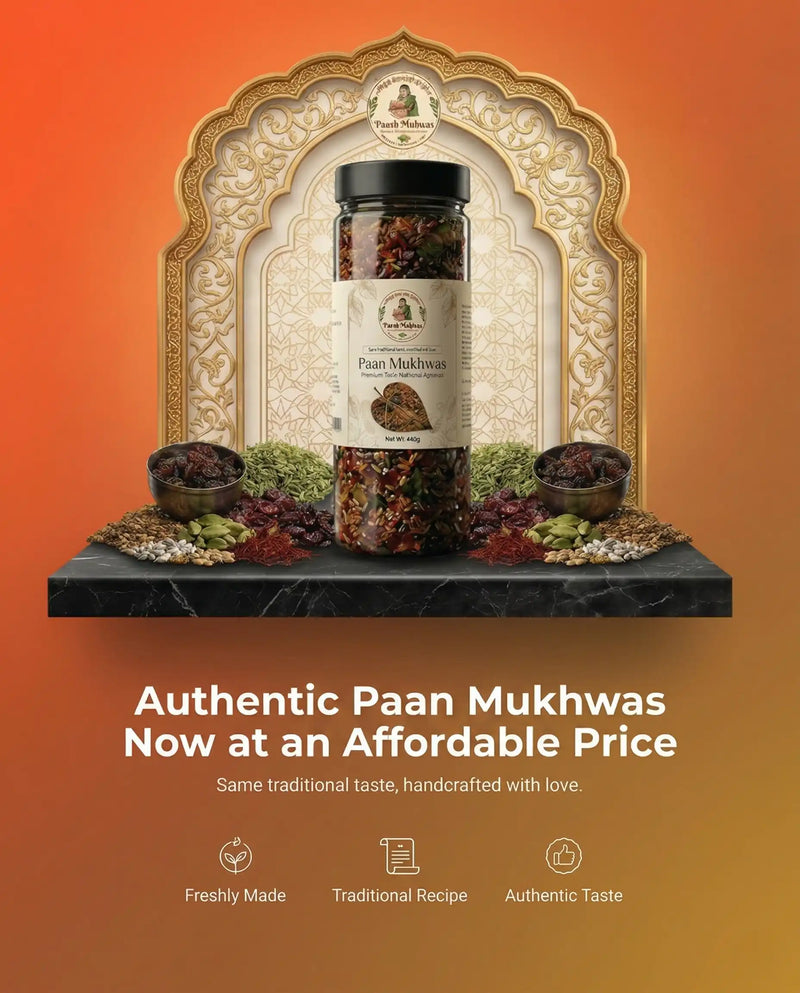 Authentic Paan Mukhwas with a decorative frame on an orange background