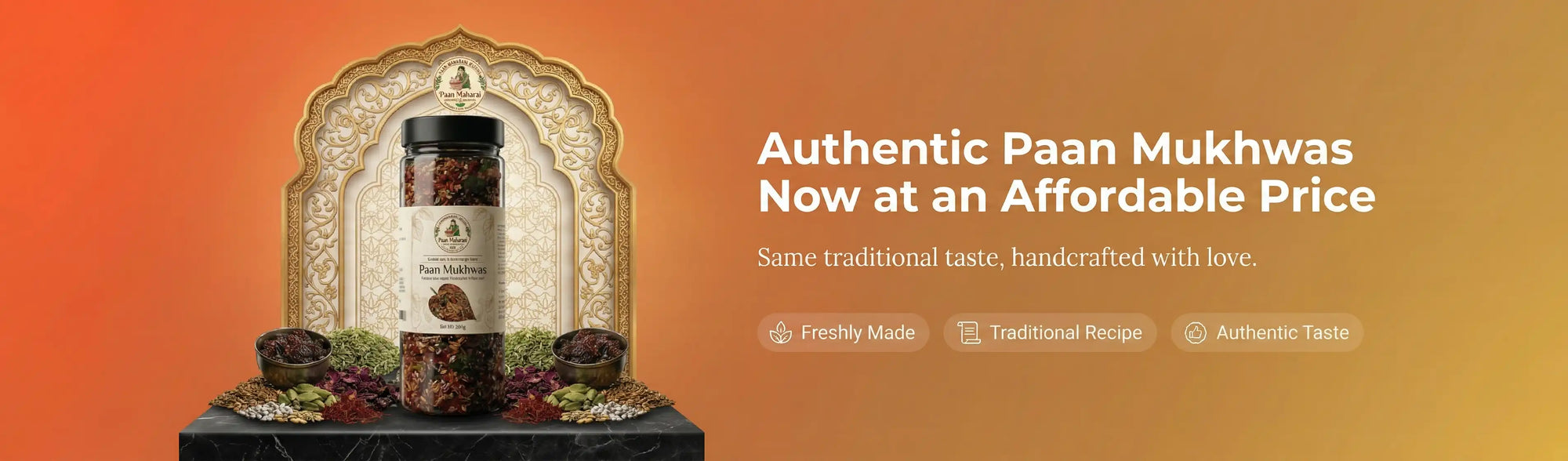 Authentic paan mukhwas with a decorative arch and text on an orange background