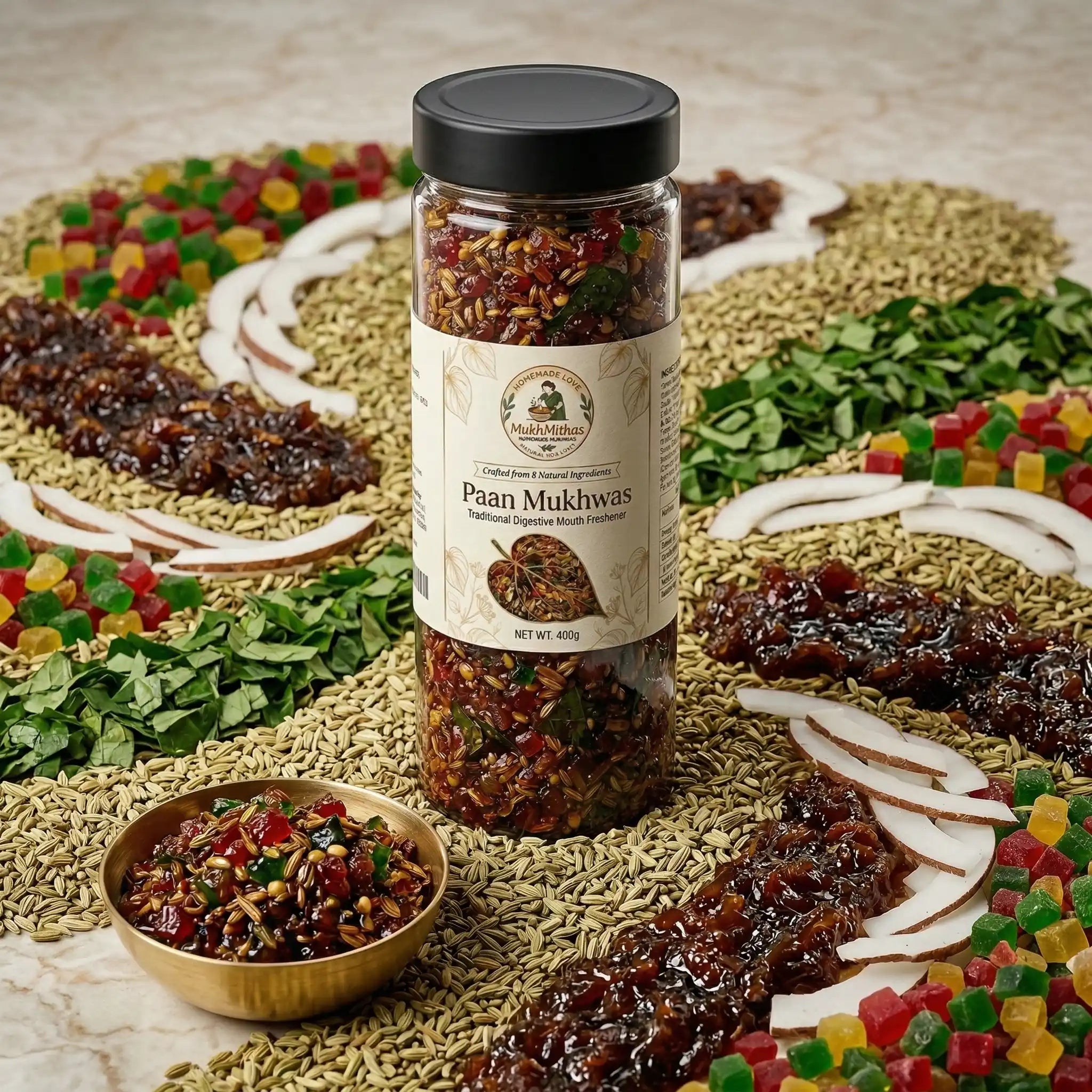 Jar of Paan Mukhwas with a decorative background of various ingredients
