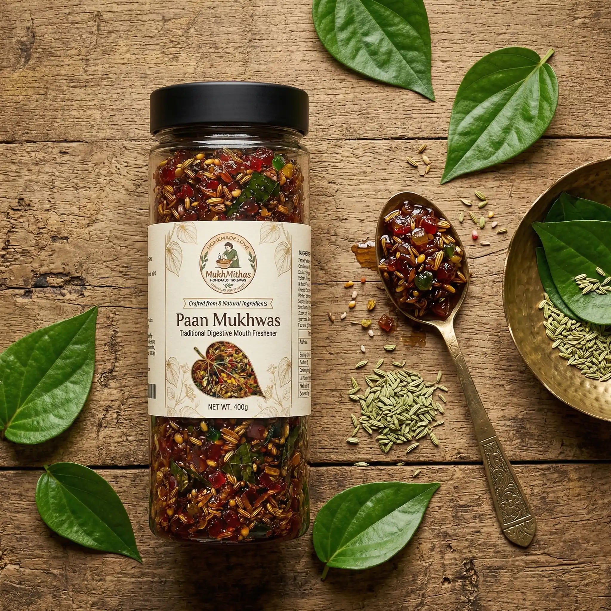 Jar of Paan Mukhwas with ingredients on a wooden surface